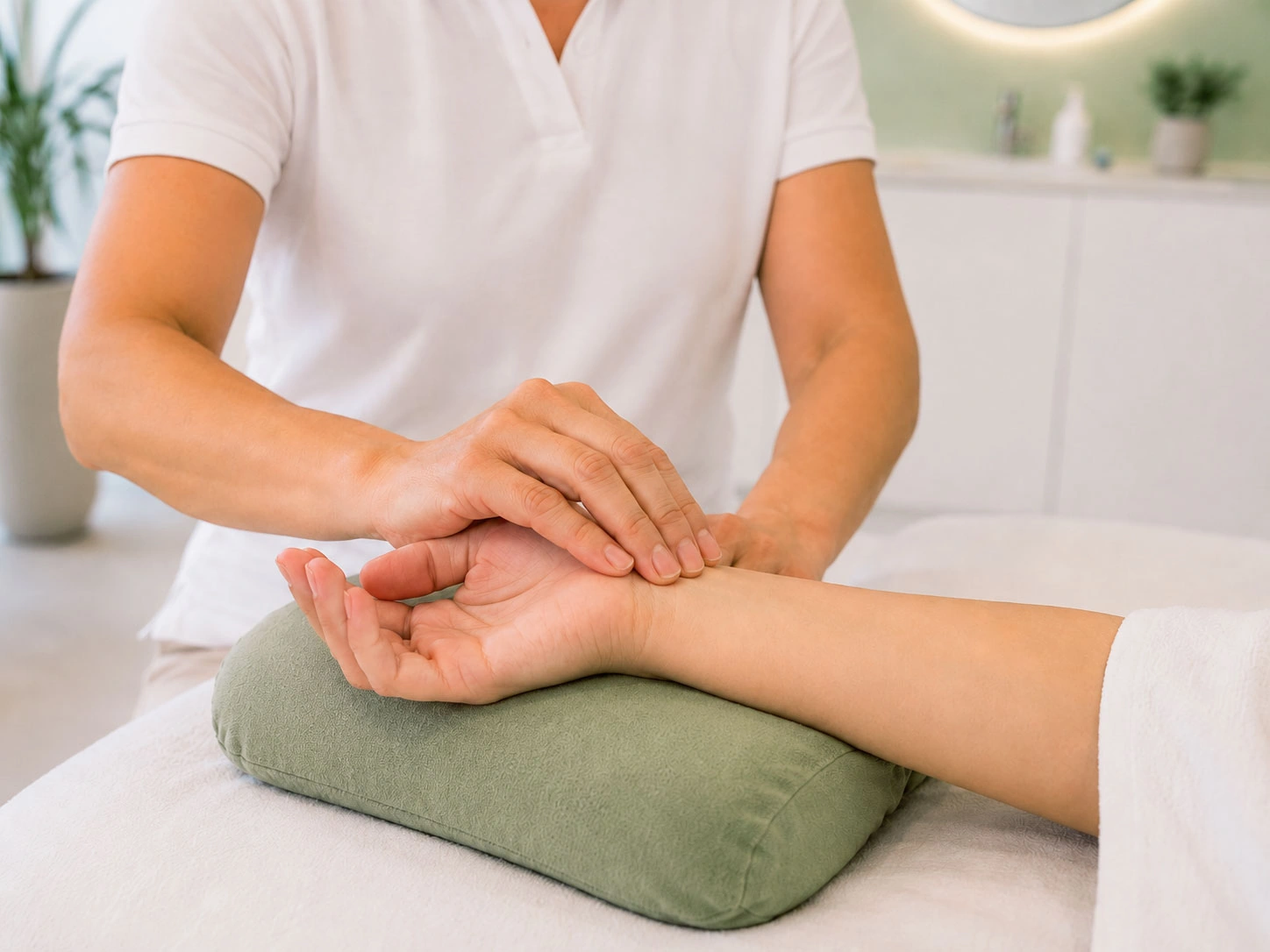 Ertasten des Pulses am Handgelenk beim TCM Checkup im Akupunktur Zentrum Sursee